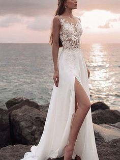 Split A Line Round Neck Chiffon Lace Long Wedding prom Dresses cg7333