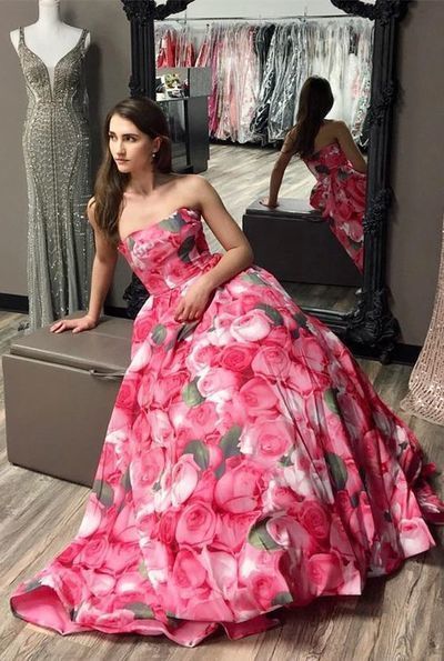 Elegant A-Line Strapless Floral Print Long Prom Dresses,Evening party Dresses cg7335