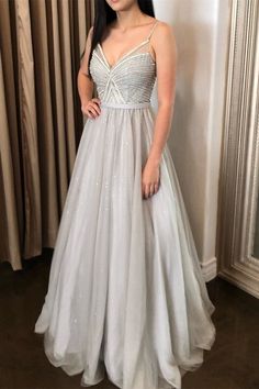 Sparkle Silver Tulle Long Prom Dress with Straps cg7336