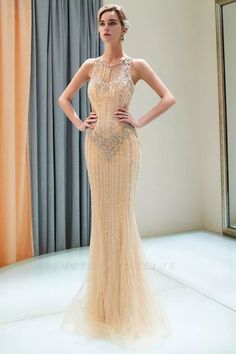 Mermaid Sleeveless Beading Gold Floor Length Prom Dress cg7338