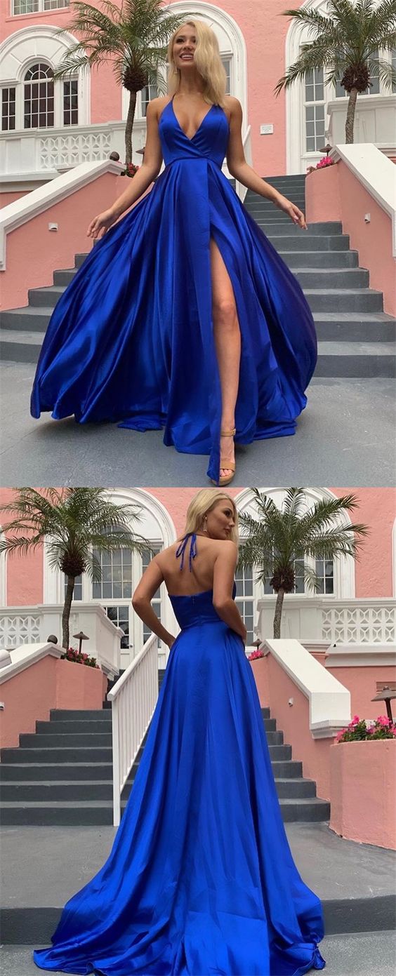 royal blue prom dress,v-neck prom dress,satin prom dress,slit side evening dress cg7343