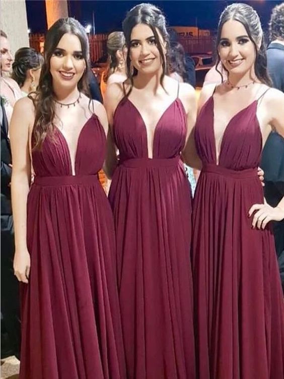 Deep V neck A Line Spaghetti Straps Burgundy Bridesmaid prom Dresses cg7346