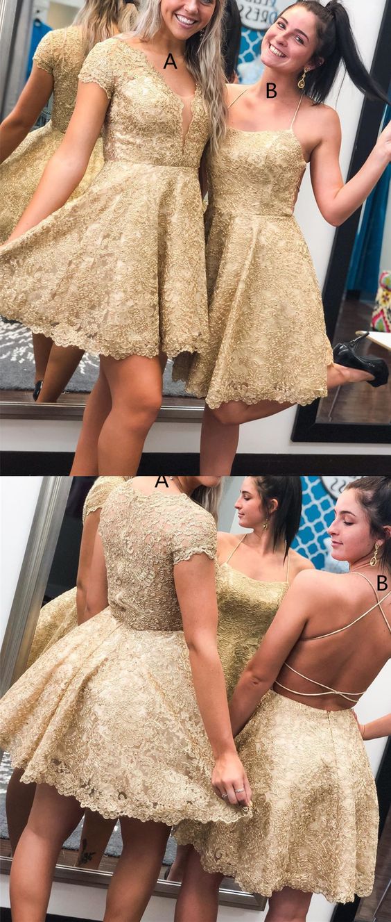 Short Gold Lace Dancing homecoming Dress cg7370