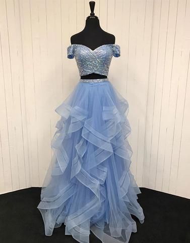 2 Pieces Long Prom Dresses Beaded Evening Dresses Off the Shoulder Formal Dresses cg7373