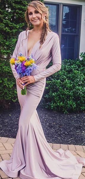 Lilac Long Sleeve V-neck Mermaid Bridesmaid prom Dresses cg7389
