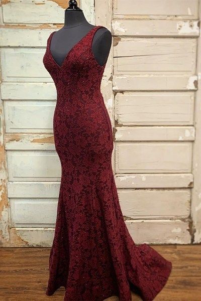 Mermaid Burgundy Lace Long Formal prom Gown cg7402