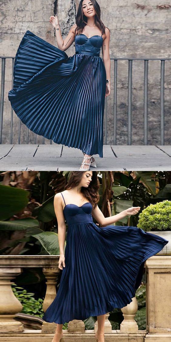 A-Line Spaghetti Straps Dark Blue Pleated Prom Dress cg7436