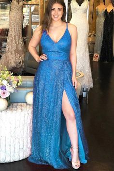 Sparkly Sleeveless Floor Length Blue Prom Dress with Split cg7441