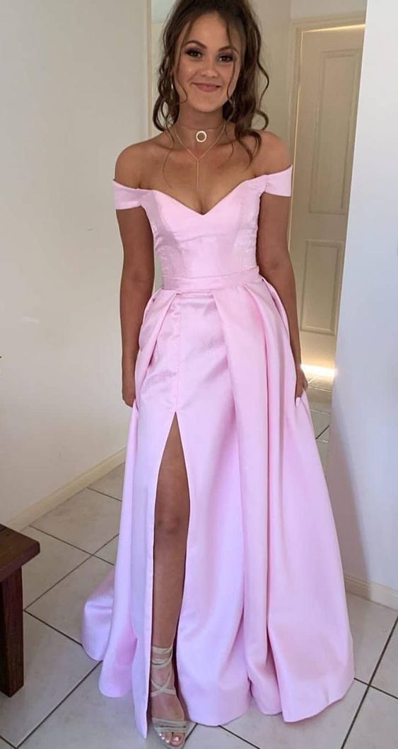Simple Pink Long Prom Dresses Off Shoulder Evening Dress With Split cg7443