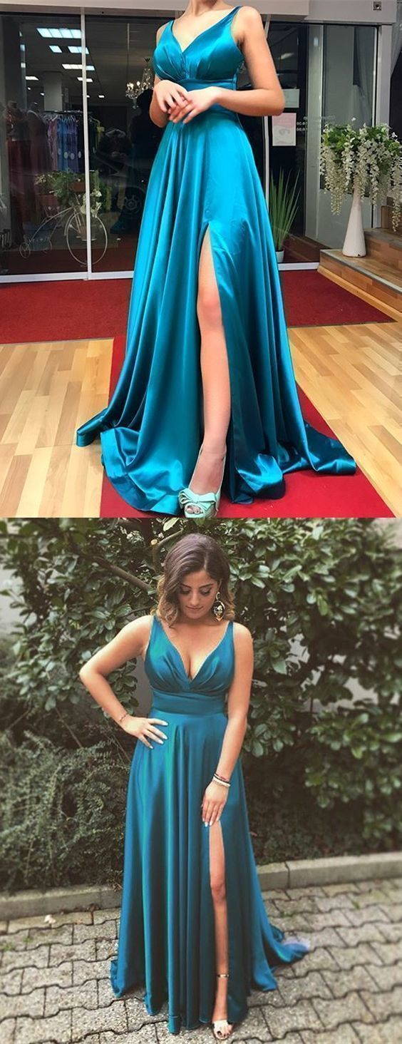 A-Line Spaghetti Straps Long Turquoise Prom Dress with Split cg7445