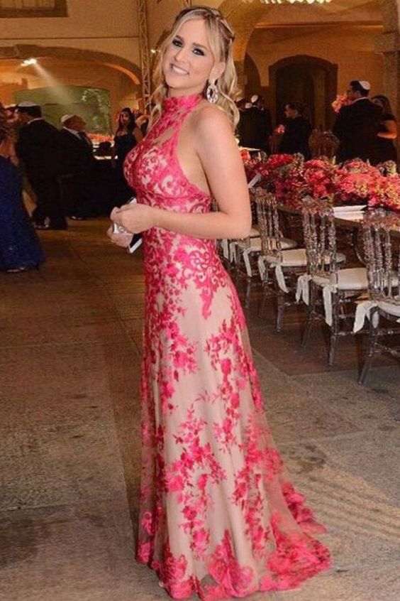 A-Line High Neck Sweep Train Pink Appliques Prom Dress cg7465