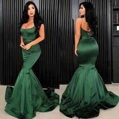 Sexy Mermaid Emerald Satin Lace Up Back Spaghetti Straps Long Prom Dresses cg7469