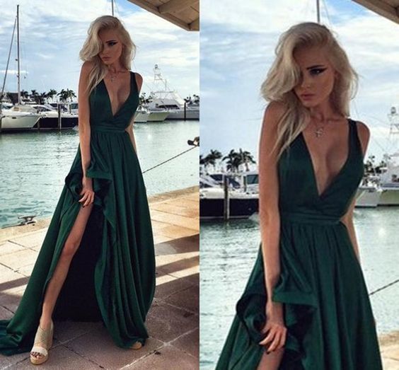 Hunter Green Elegant Long Prom Dresses Side Split V Neck Backless Evening Gowns Party Dress cg7472