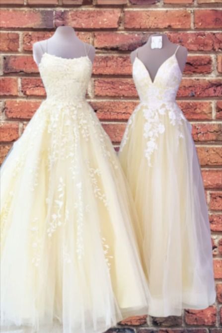 yellow prom dresses 2020 floor ength with lace appliques and spaghetti straps cg7489