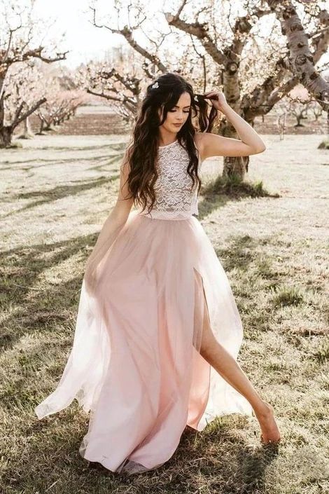Round Neck Tulle Two Piece Pink Boho Prom Dresses with Slit cg7503