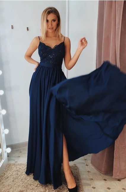 Navy Prom Dress with Slit, Evening Dress ,Winter Formal Dress, Pageant Dance Dresses, Graduation School Party Gown cg7520