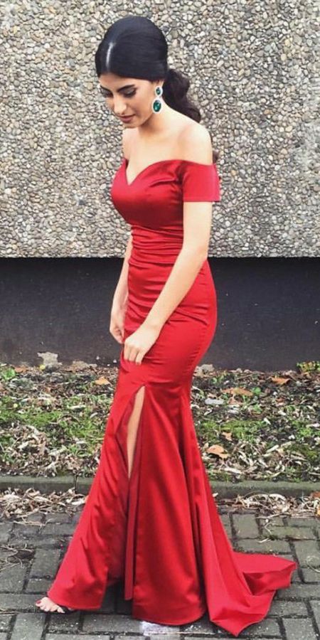 Mermaid Off-the-Shoulder Short Sleeves Sweep Train Red Prom Dress cg7523