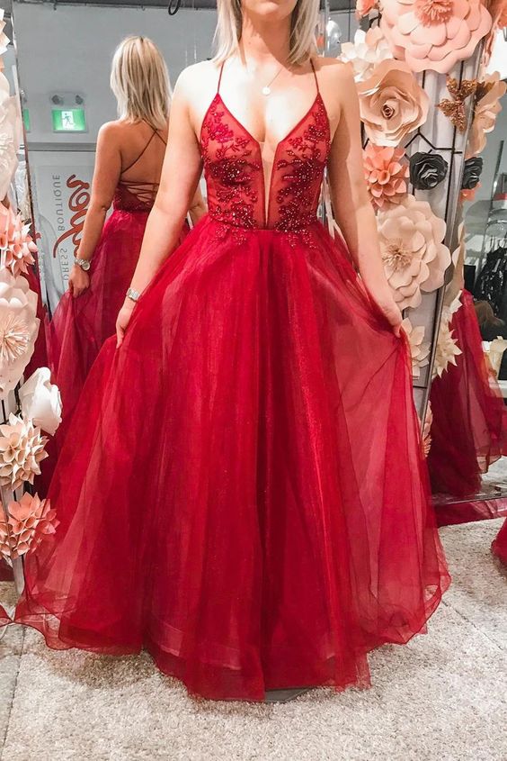 Elegant Lace-Up Back A-Line Beaded Red Long Prom Dress cg7538