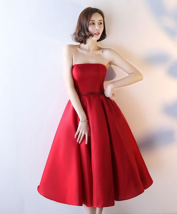 Simple red strapless tea length prom dress, red evening dress cg7540