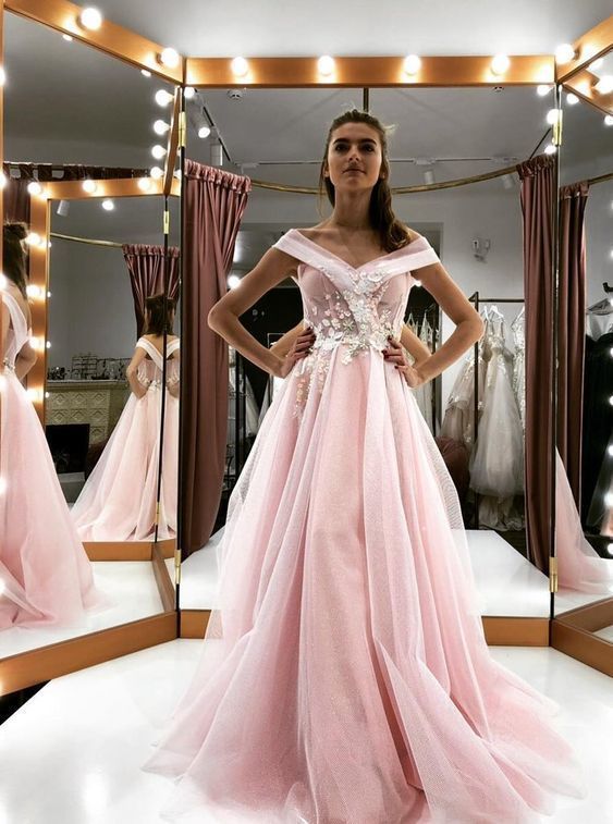 See-Through Mesh Pink Long Prom Dress Off-Shoulder Quinceanera Dresses cg7561