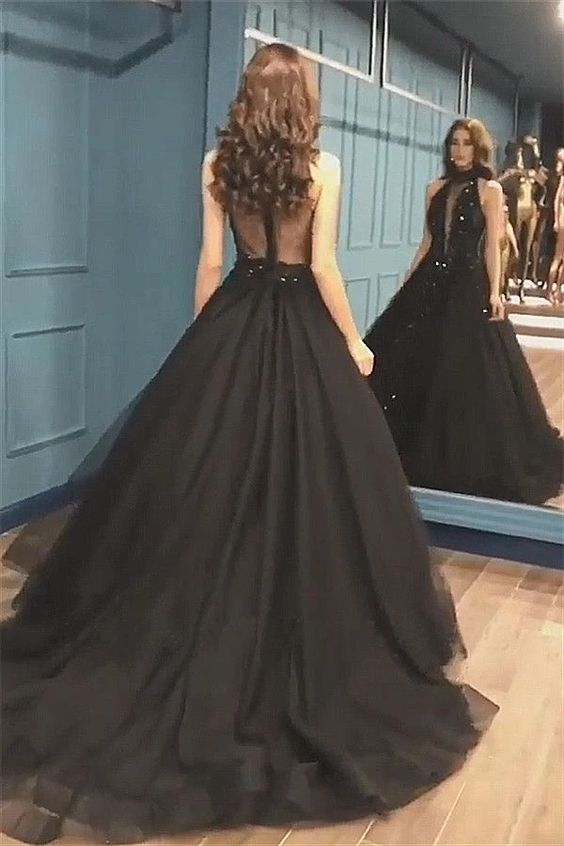 Sexy Ball Gown High Neck Black Tulle V Neck Sequins Party Dresses, Prom Dresses cg7566