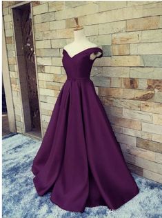 Deep purple satin off shoulder V neck A-line sweet 16 prom dresses cg7573