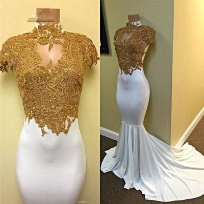 White Gold Prom Dress,Mermaid Cap-Sleeve Prom Dresses cg7582