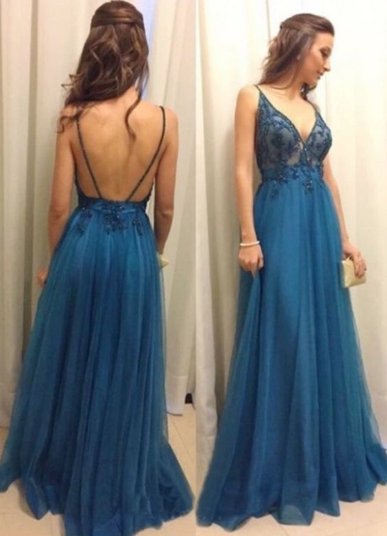 A-Line Spaghetti Straps Blue Tulle Prom Dress With Appliques cg7584