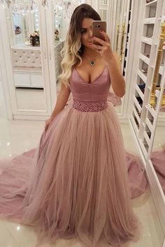 A Line V-neck Beaded Waist Prom Dresses with Overlay Tulle Skirt cg7586