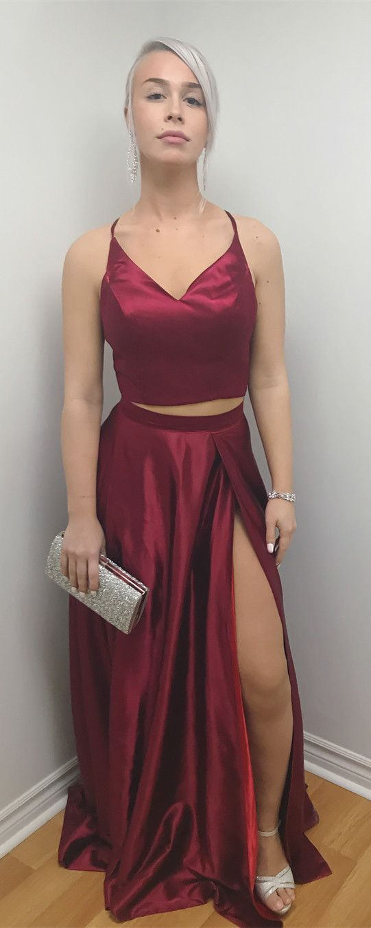 Sexy Straps Two Piece Wine Red Satin Long Prom Dress With Side Slit cg7593