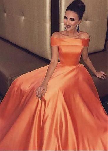 Satin Off-the-shoulder Orange Long A-line Evening prom Dress cg7594
