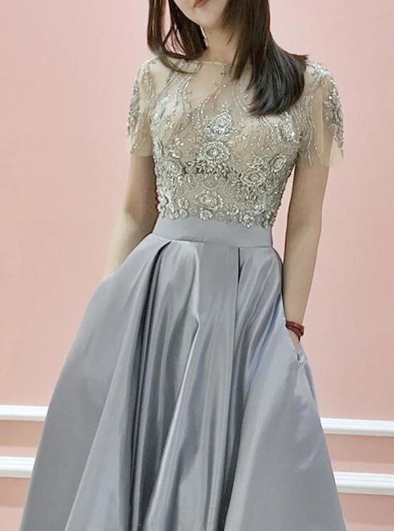A-line Bateau Silver Prom Dresses Short Sleeve Beading Evening Dresses cg7603