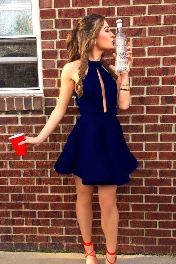 A-Line Round Neck Keyhole Little Black Satin Homecoming Dress cg7618