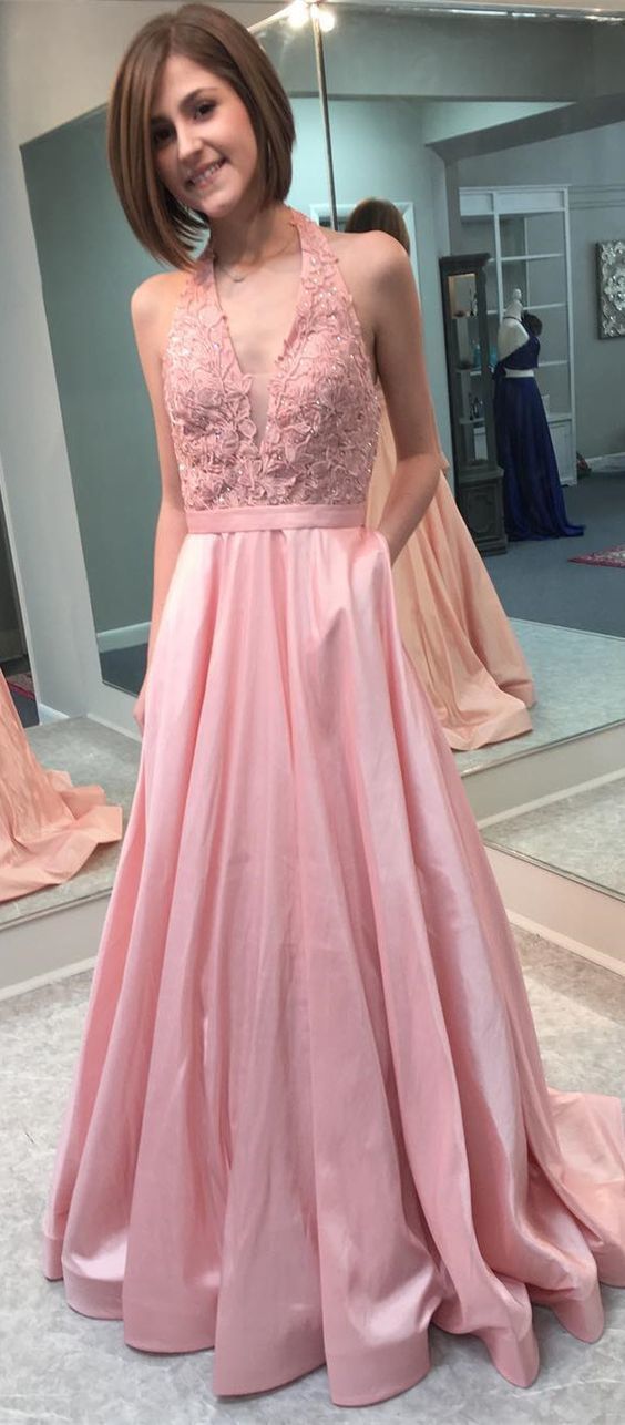 gorgeous halter prom dress, A-Line long prom dress, pink satin prom dress cg7628