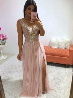 Elegant Illusion Neck Pink Split Sleeveless Prom Party Dress with Appliques Pearls cg7639