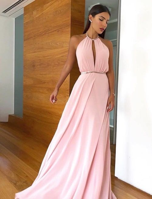 Pink Halter Prom Dress , Chiffon Prom Dress cg7647