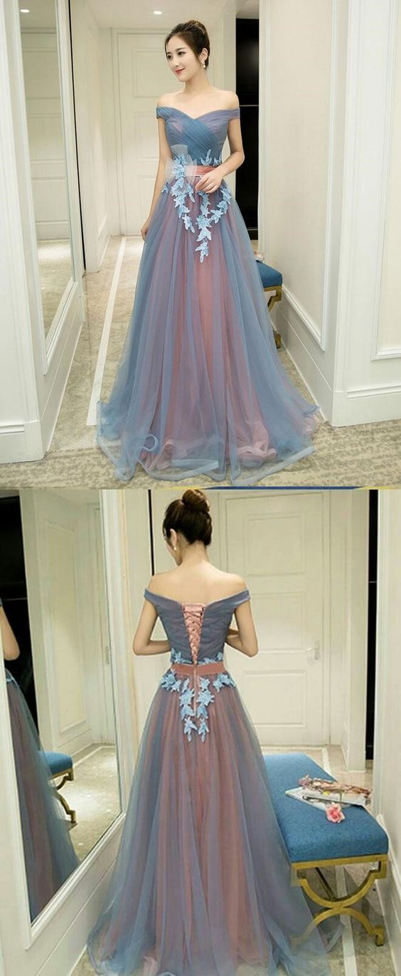 Gray blue prom dress, tulle prom dress, off shoulder prom dress, gray blue evening dress cg7653