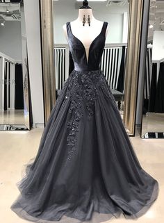 Black v neck tulle long a line prom dress, black evening dress cg7657