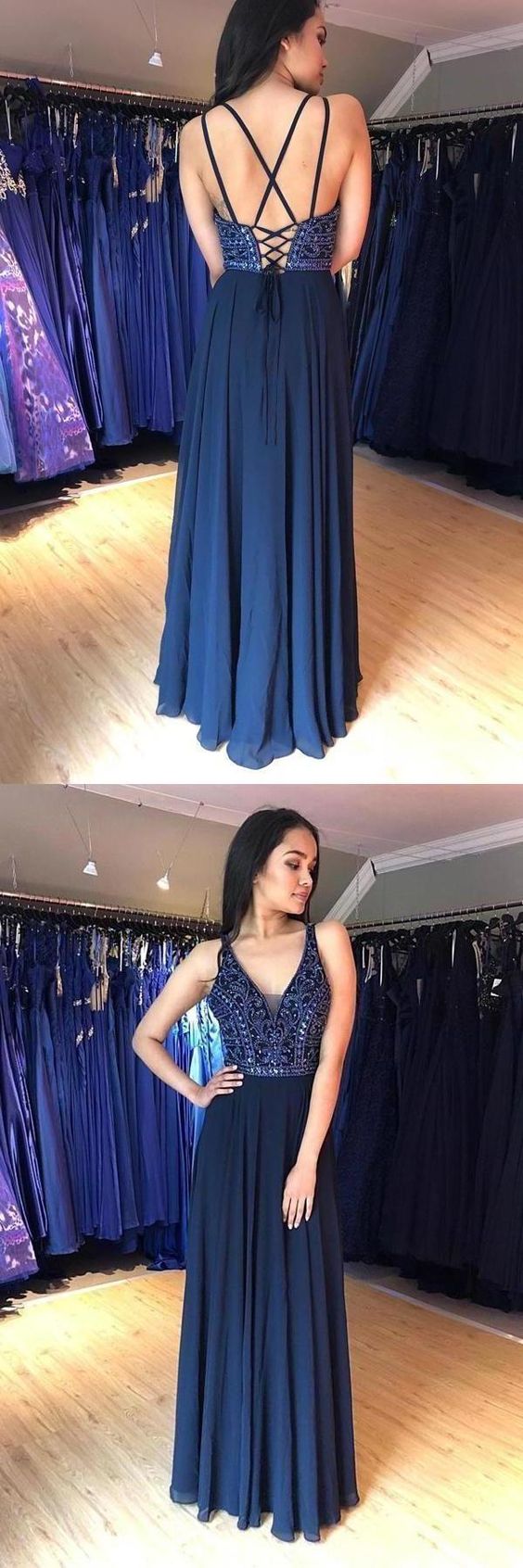 A Line V Neck Lace up Navy Blue Chiffon Long Prom Dresses with Beads Party Dresses cg7666