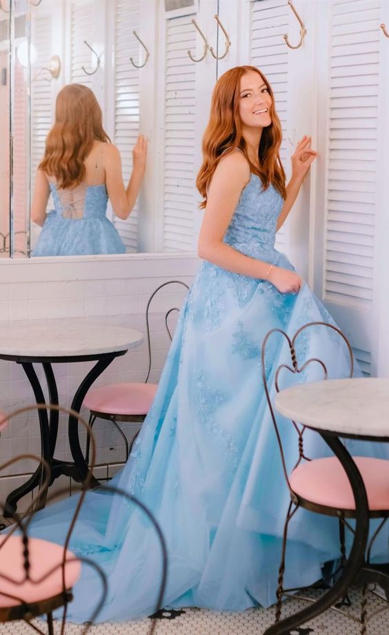 A Line Spaghetti straps Light Blue Prom Dress With Appliques cg7672