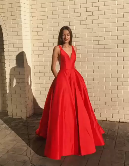 A-Line V-Neck Sleeveless Prom Dress Pockets Party Dress cg7702