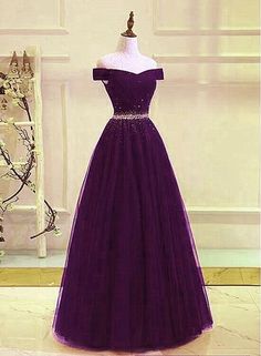 Beautiful Dark Purple Beaded Tulle Prom Gown, Off Shoulder Prom Dress cg7714