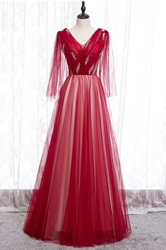 Burgundy Tulle V Neck Sequins Long Sleeve A Line Prom Dress, Evening Dress cg7717