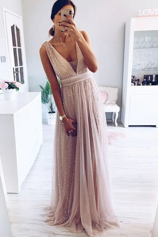 Elegant A-Line V Neck Blush Long Prom Dress cg7721