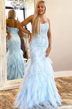 Light Blue Mermaid Lace Appliques Prom Dress with Ruffles, Strapless Long Evening Dress cg7729