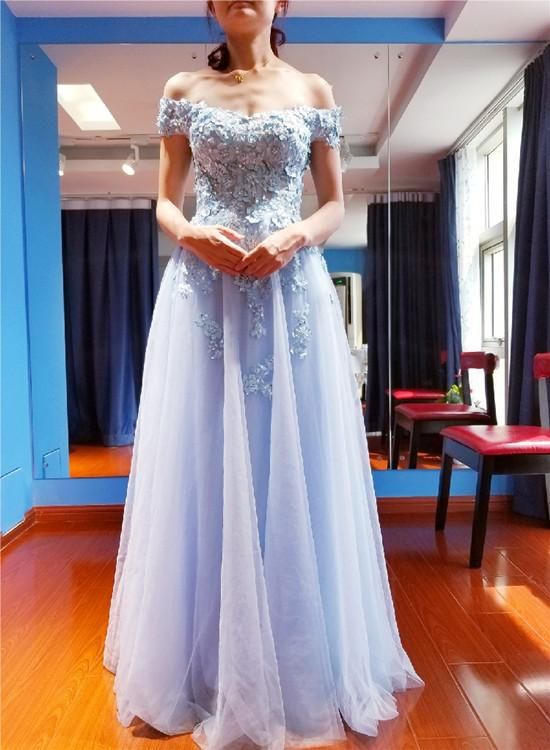 Beautiful Light Blue Off Shoulder Tulle A-line Long Party Dress, Floor Length Senior Prom Dress cg7730