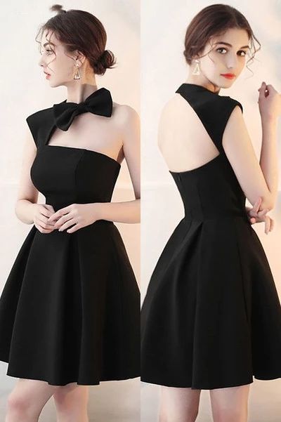 Little Black ,Homecoming Dress with Cute Bow Open Back ,party dresses cg7738