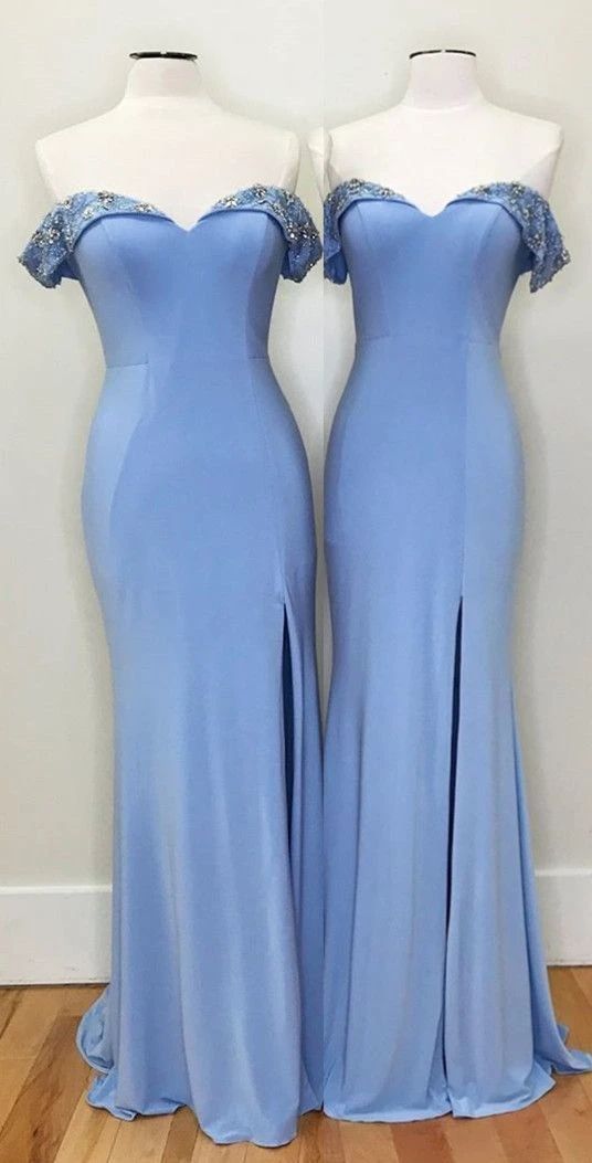 Gorgeous Off the Shoulder Mermaid Blue Long Evening prom Dress with Side Slit cg7742