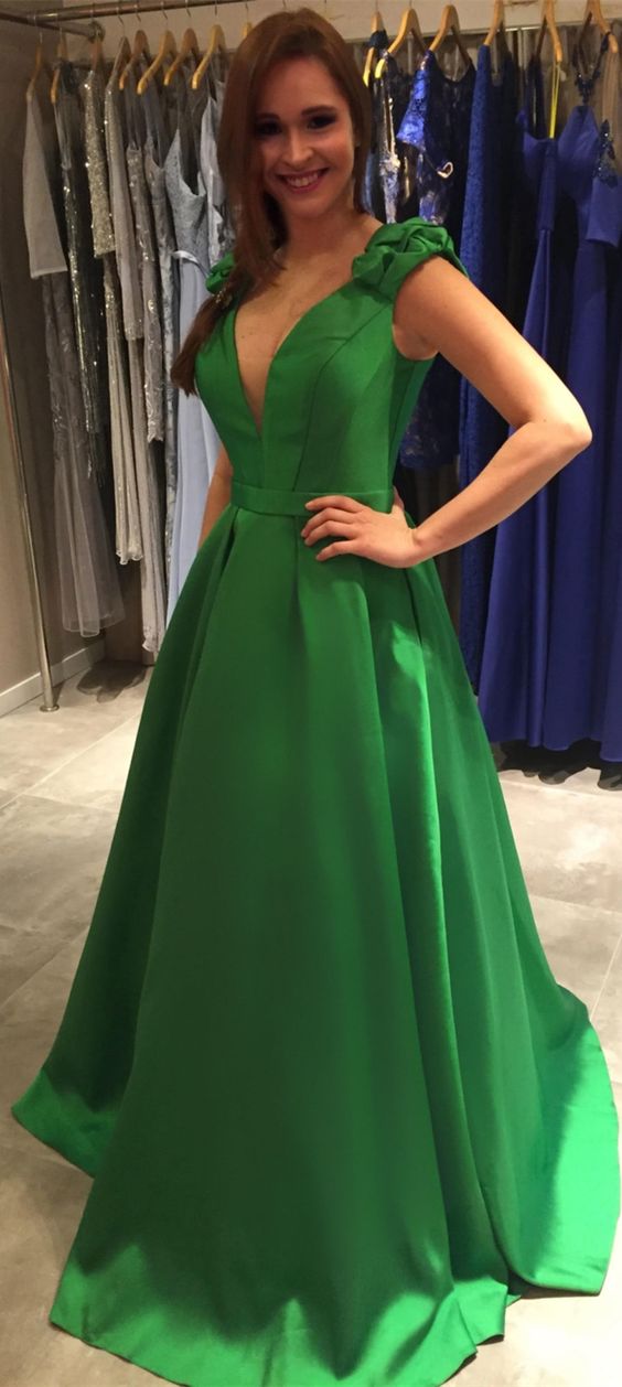 elegant green satin prom dress with pleated, fashion A-Line v-neck green party dress with pleated cg7749