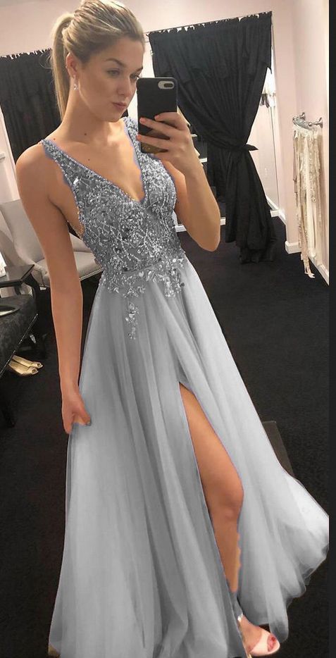 gray party prom dress long with slit cg7769